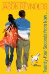 Twenty-four Seconds from Now... book cover: Young Black couple walk together, arms over shoulder and hip; small, white and brown dog walks beside them