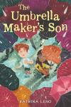 The Umbrella Maker's Son book cover: Overhead illustration of light-skinned, red-headed Oscar and brown-skinned Saige, in a wheelchair with black braids over her shoulders; both are looking up into rain and are surrounded by umbrellas