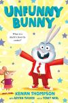 Unfunny Bunny book cover: Enthusiastic bunny in a red suit and tie tells a joke to a mouse in a red skirt