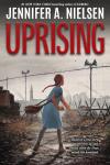 Uprising book cover: Girl in blue dress and long braid throws a rock at a speaker on a barbwire fence, amidst rubble