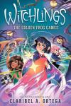 The Golden Frog Games book cover: Three tween witches in foreground, magical animals and trees surround them, maze fades in background