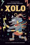 Xolo book cover: Dog-headed god of lightning drawn in ancient Aztec-style art on black background