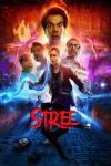 Stree 2 movie poster: A woman with glowing blue energy stands in the foreground, while terrified men and a ghostly figure loom behind her