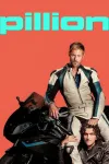Pillion movie poster: Two men with a motorcycle against an orange background, one standing in a racing suit holding the other’s hair, who is sitting