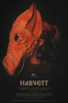Harvest movie poster: A person wearing a stitched red horse mask, with the title "Harvest" below