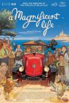 A Magnificent Life movie poster: A crowd of colorful characters surrounding a vintage red car on a sun-drenched coastline