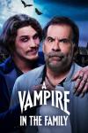 A Vampire in the Family movie poster: Brazilian vampire man smiles standing behind Brazilian man in front of night sky with bats in front of moon
