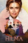 Hilma Movie Poster: Tora Hallström and Lena Olin pictured as two versions of Hilma, above characters sitting at a table behind a colorful background