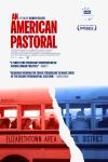 An American Pastoral movie poster: a school bus of children is ripped in two, colored red on the left, blue on the right
