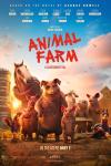 Animal Farm movie poster: Five pigs standing on hind legs at the center of an animated image of farm animals smiling at a camera