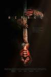 Azrael Movie Poster: A blood-covered Azrael (Samara Weaving) is shown upside down, clutching a blade to her chest