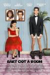 Bart Got a Room movie poster: Woman in red dress sits beside man in tuxedo jacket with his pants around his ankles, framed photos behind them