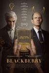 BlackBerry Movie Poster: Jay Baruchel and Glenn Howerton stand in front of a dark background with the image of a BlackBerry device and the title in orange