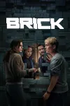 Brick (2025) movie poster: White German man right, Costa Rican German woman left, look through hole in black bricked wall to find two other people