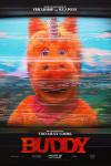 Buddy Movie Poster: A smiling orange unicorn is seen through static on a TV screen