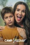 Camp Crasher movie poster: Spanish woman with long brown hair right smiles alongside a not smiling short-haired boy in faded yellow t-shirt