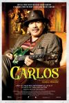 Carlos Movie Poster: Carlos Santana sits in a leather chair, an electric guitar slung across his lap, wearing a brown hat