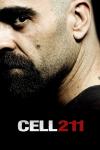 Cell 211 movie poster: Close-up and side profile of Spanish bald man with goatee against black backdrop