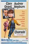 Charade movie poster: Cary Grant and Audrey Hepburn feature running hand-in-hand and smiling in an inset picture