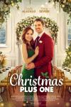 Christmas Plus One movie poster: A White woman in a green dress and a White man in a red suit pose together in a room decorated for a festive wedding.