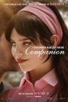 Companion Movie Poster: A man whispers into a woman's ear; she's wearing pink, and her eyes are only showing the whites