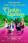 Cookie Queens movie poster: Four confident Girl Scouts of different ages walk on a vibrant pink road