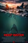 Deep Water Movie Poster: Characters in life jackets float in the sea amid the wreckage of a plane, while a shark lurks below