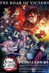 A diverse group of demon slayers in various action poses, the hero Tanjiro is surrounded by flames leaping forward.
