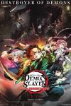 Demon Slayer - To the Swordsmith Village movie poster: Tanjiro and the demon slayer corps are in action poses while the upper six demons can be seen in the background