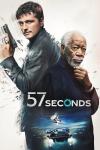 57 Seconds Movie Poster: Josh Hutcherson and Morgan Freeman are pictured against a white background, their backs to each other; Hutcherson holds a gun