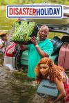 Disaster Holiday movie poster: South African Black husband and wife wade waist high in lake carrying bags and suitcases out of a half-submerged van