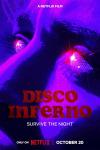 Disco Inferno Movie poster: Closeup of a face with glowing eyes