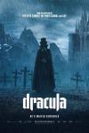 Dracula movie poster: Caleb Landry Jones stands wearing a black cloak in a rain-soaked graveyard