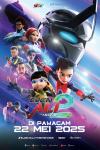 Ejen Ali: the Movie 2 movie poster: Animated image shows a robot figure in the background of superhero characters