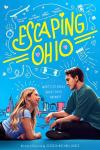 Escaping Ohio movie: A young couple seated in profile smile and look at each other intently against a bright blue background.