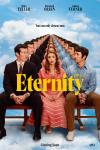 Eternity movie poster: Callum Turner and Miles Teller sit next to and look at Elizabeth Olsen on a bench, their images on repeat behind them