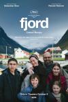 Fjord movie poster: A smiling family stand in front of a group of houses with mountains in the background