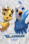 Goldbeak movie poster: A yellow and blue bird peek out from behind white feathers 
