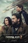 Greenland 2: Migration Movie Poster: Allison, John, and Nathan Garrity all look tense as comet fragments fly overhead