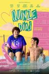 Here the Whole Time movie poster: Miguel Lallo sits with legs in pool as Diego Lira peers up at him from inside the pool