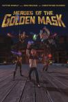 Heroes of the Golden Mask movie poster: A White teenage boy in a tracksuit top and jeans stands among four heroes in fantasy clothes with magical weapons