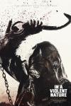 In a Violent Nature Movie Poster: A killer in a mask yanks a hook connected to a chain as something spatters in the air