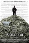 Inside Job film poster: A man in a dark suit stands on top of a pile of money with his fingers crossed behind his back