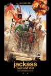 Jackass: Best and Last Movie Poster: Johnny Knoxville and cast ride in a giant shopping cart, surrounded by explosions