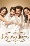 Jug Jugg Jeeyo movie poster: Four people dressed in white smile and laugh while sat together 