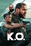 K.O. movie poster: Algerian French policewoman holds gun in profile, with two other Black French men in profile, over landscape of Marseille, France