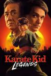Karate Kid: Legends movie poster: Jackie Chan, Ralph Macchio, and Ben Wang's faces against an orange-red sunset over a city skyline
