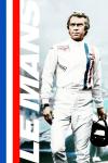 Le Mans movie poster: Steve McQueen stands in a white racing driver outfit.