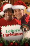 Letters at Christmas movie poster: Closeup of a smiling man and woman each in a Santa hat next to a little dog wearing a reindeer antler headband