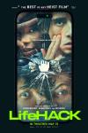 LifeHACK movie poster: Four characters' faces are pressed against a cracked screen, an emoji fist holding cash in the center